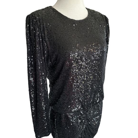 Retrofete Flynn Sequin Ruched Tulle Long Sleeve Key Hole Mini Dress Black Large - Picture 4 of 16
